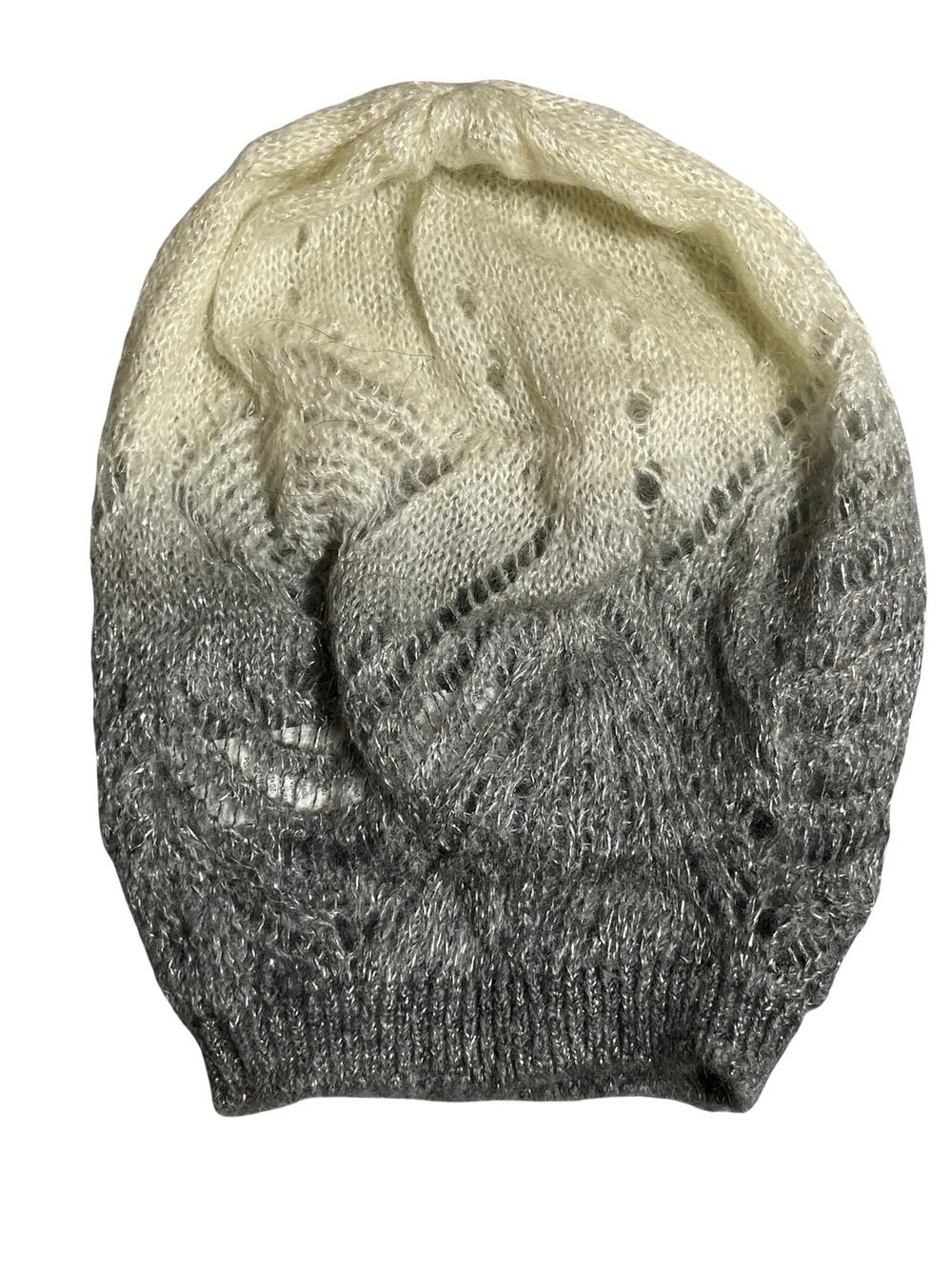 NEW Unitalla Cream Gray Open Knit Lurex Metallic Bonnet Beanie Hat Cap OS